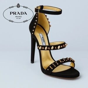 Prada Studded Suede Heels 38.5 Black Gold Ankle Strap Sandals Made in Italy $850
